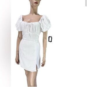TRIXXI linen blend mini white dress Elegant White Puff Sleeve Dress